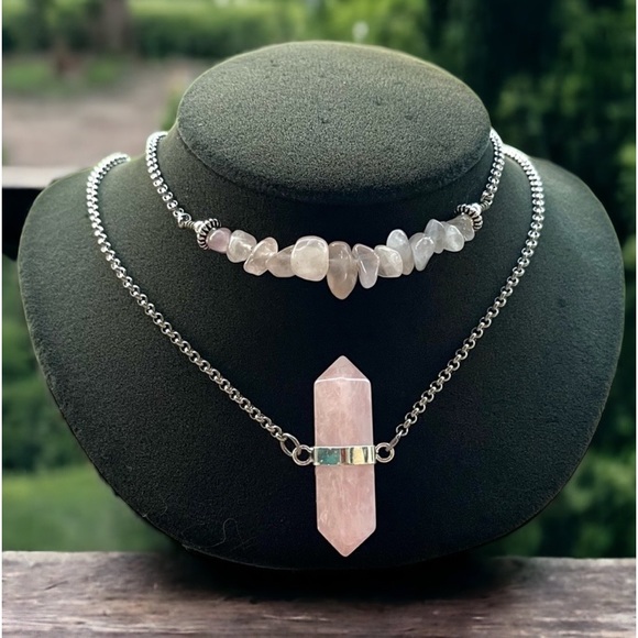 Silverskylight Jewelry - Handmade Double layer necklace rose quartz crystal gemstone boho choker